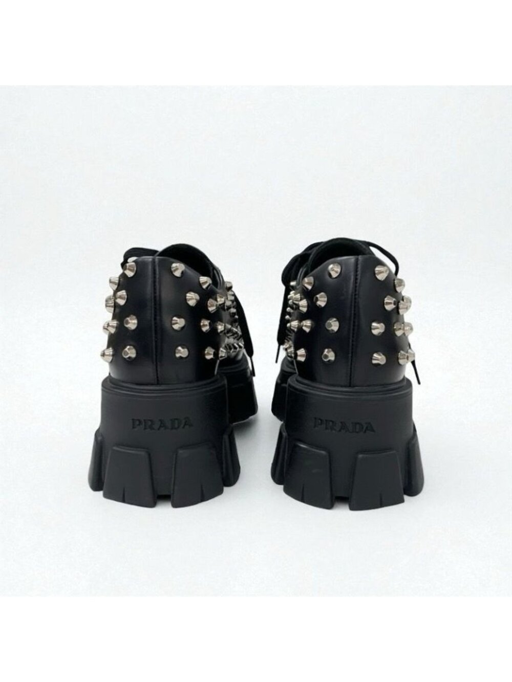 Prada Monolith Loafers Leather Shoes Black Silver Studded Lace Up - Picture 6 of 11